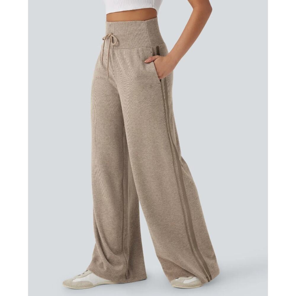 NWOT Halara Women's Ribbed High Waisted Wide Leg Pants Oatstone Beige Size XS